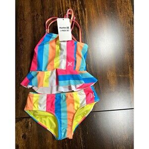 Hurley Girls UPF 50+ 2-Piece Swim Set Striped Multicolor Tank Bikini 4